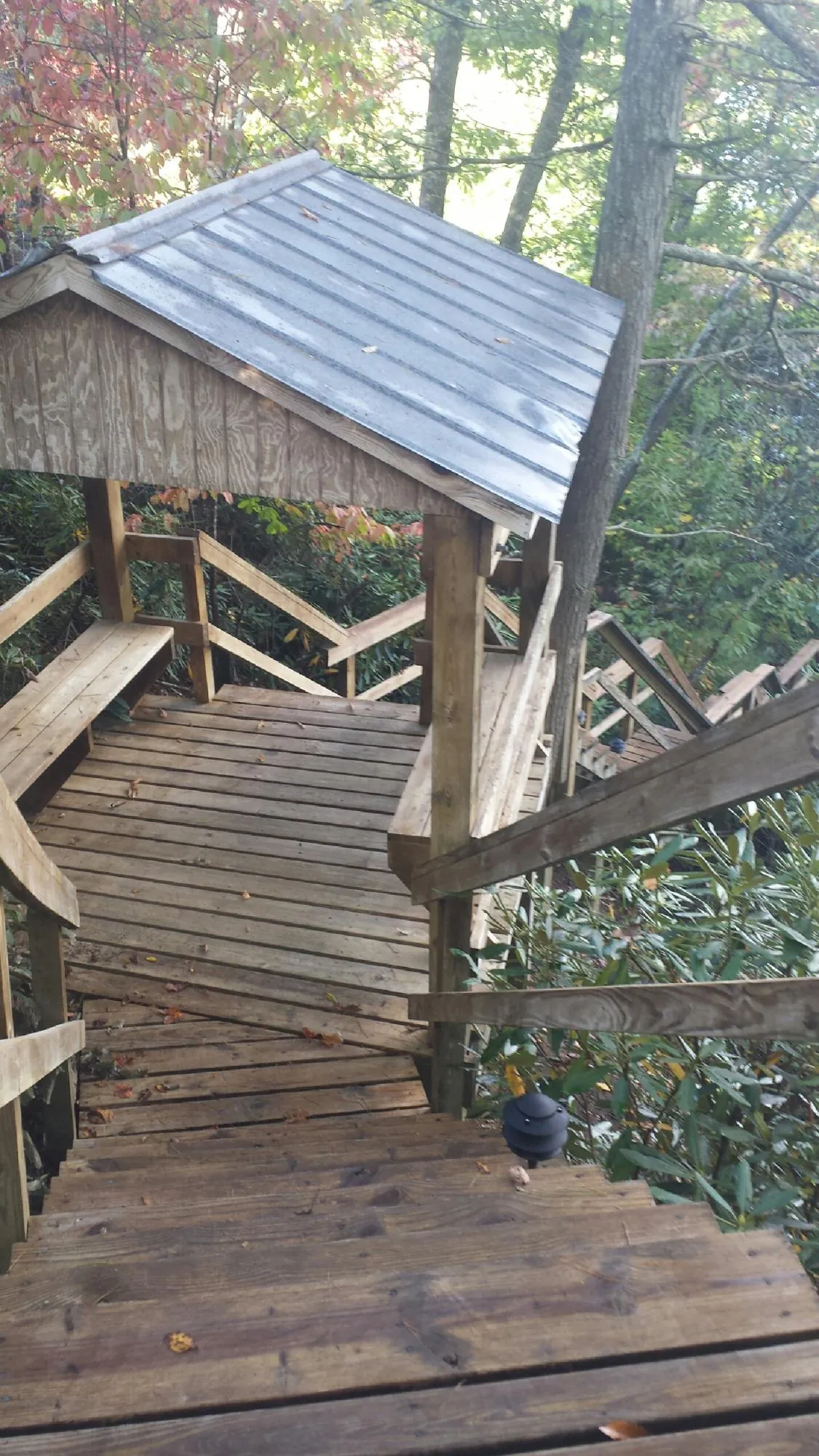 Metal roofed shelter over wooden steps on a wooded walkway — Skylight Repair & Installation work by our crew in Kenly